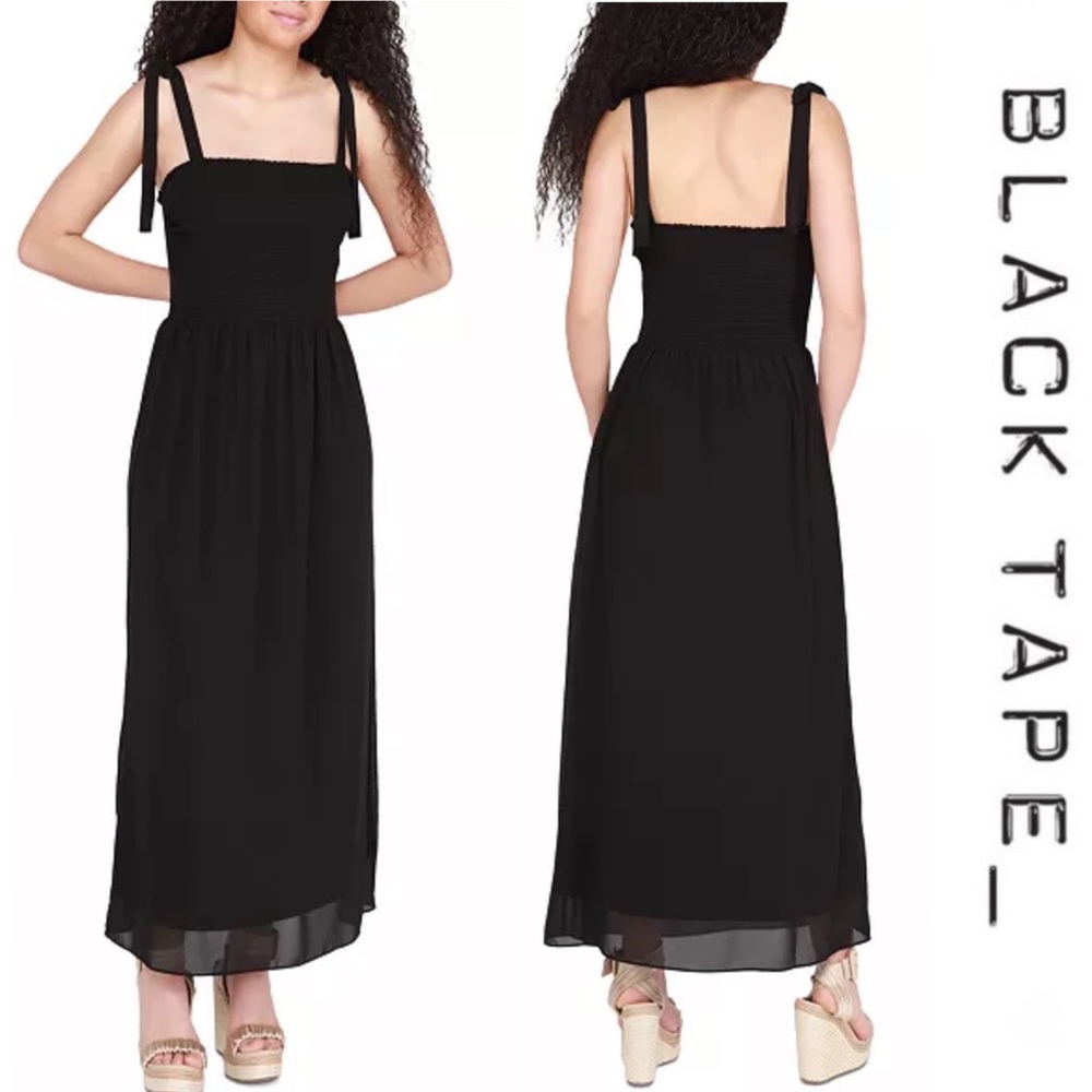 Black Tape_ Women's Tied-Strap Black Smocked Maxi Dress - XL